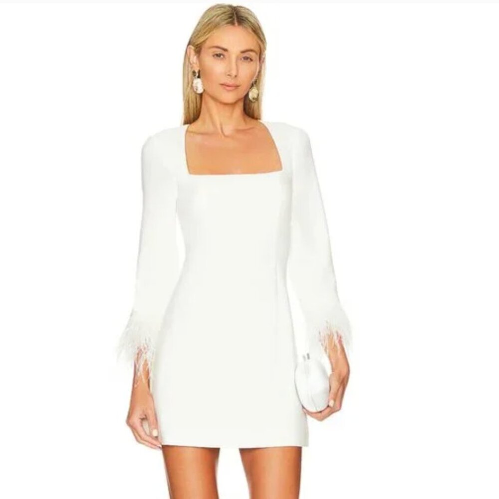 LIKELY Cher Mini Dress in White Long Sleeve Bridal Wedding Feather Dress